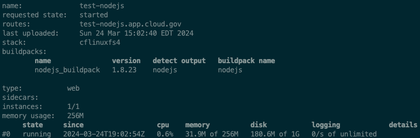 "Screenshot of application summary printed in a terminal session by the cf app command"