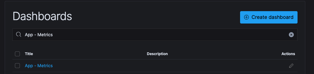 "Screenshot of Kibana dashboards search page with App - Metrics as the search query"