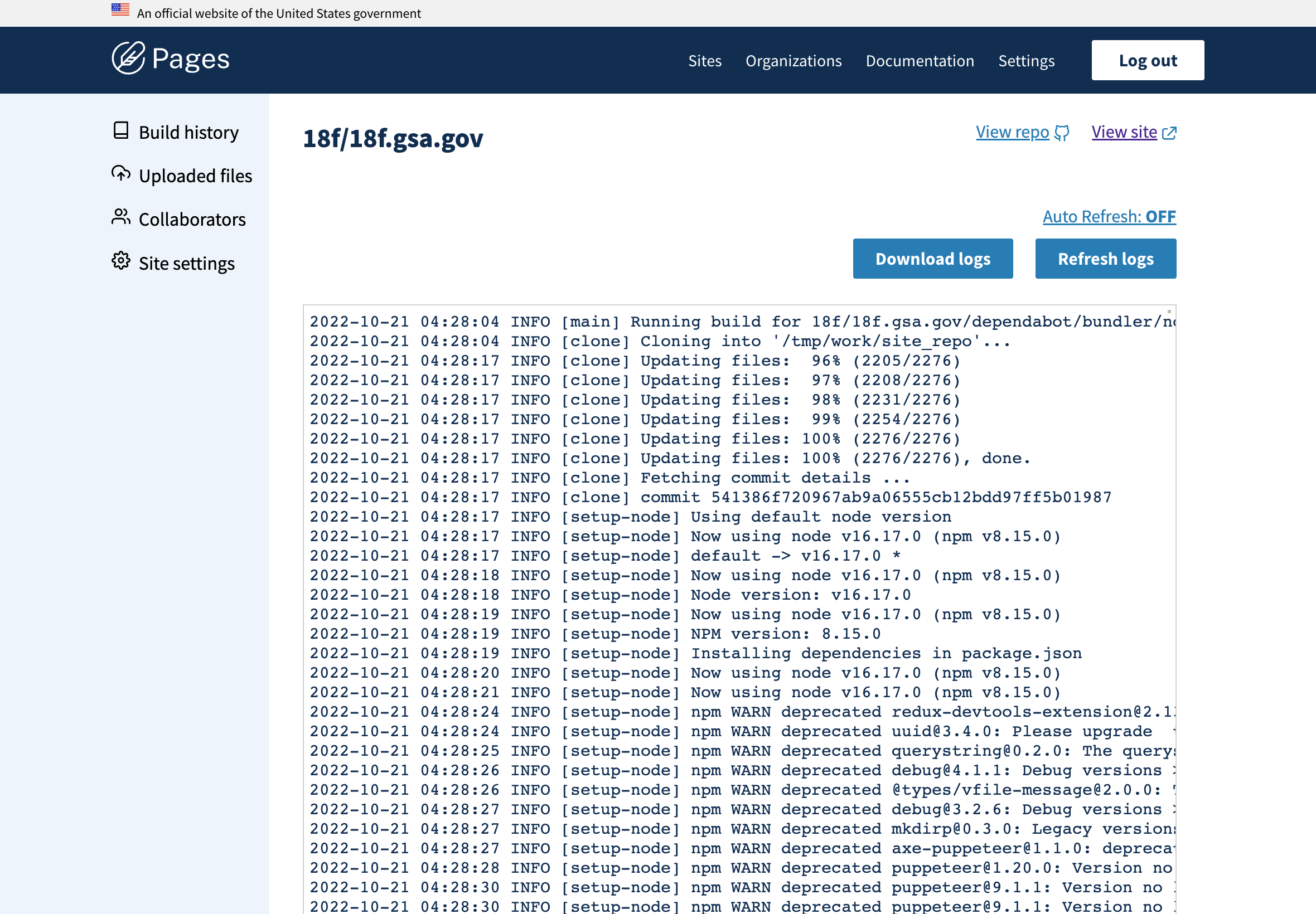 Build logs screenshot
