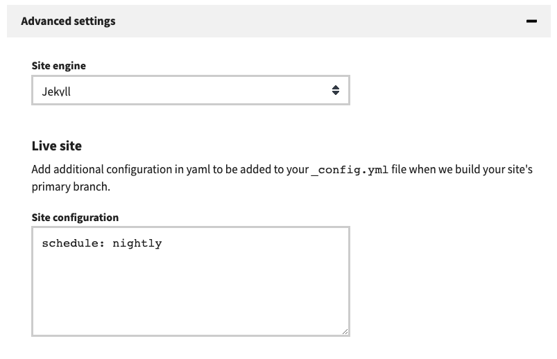 Site Configuration pane showing schedule: nightly